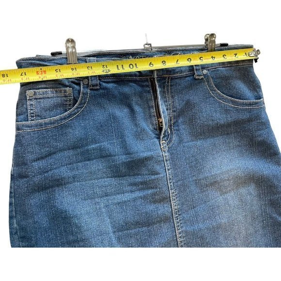 No Fuze Womens Jean Skirt 16 Blue Embroidered‎ Pockets Western Pencil Denim Slit - Picture 5 of 8